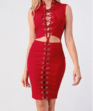 Lace Up Open Front Stretch BodyCon Dress - Chic4Chicas